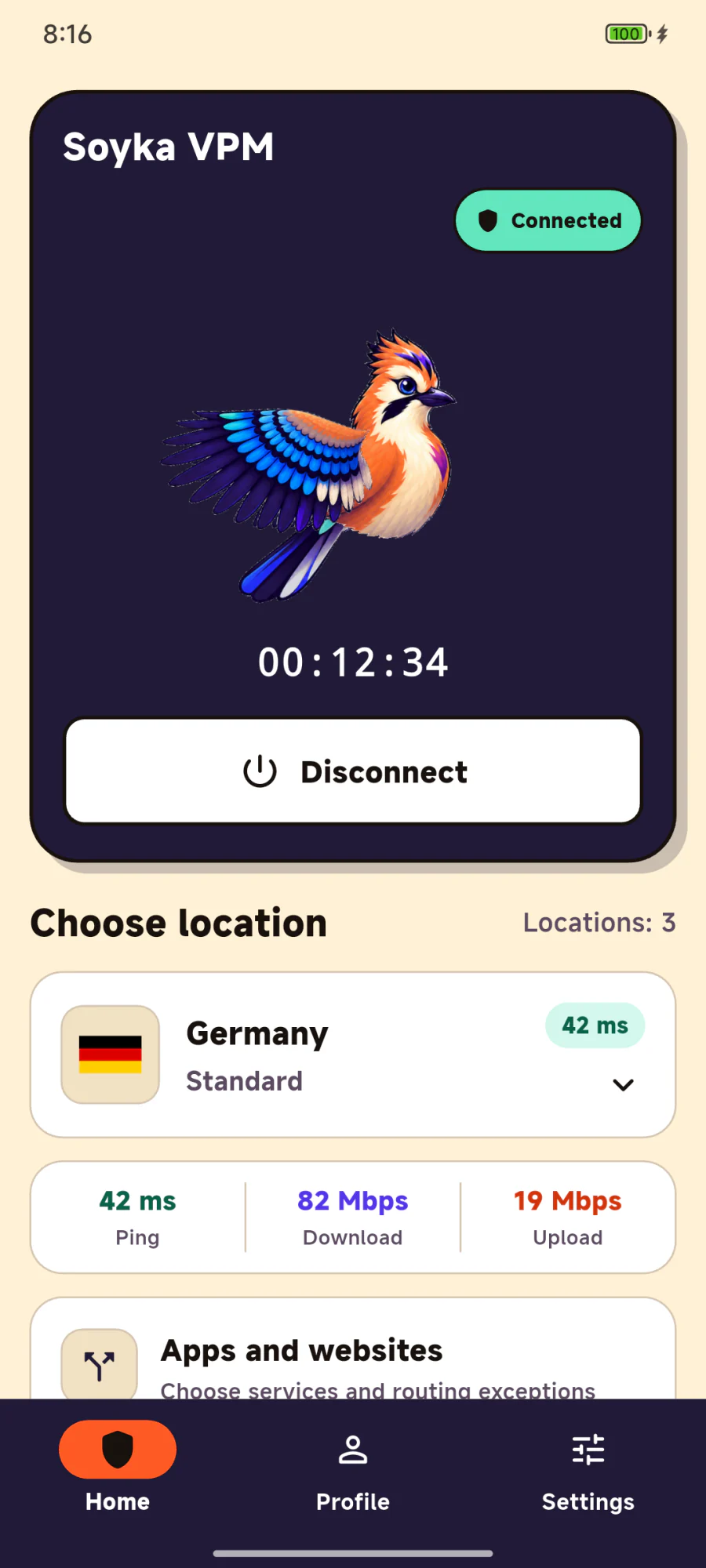 Soyka VPM mobile app home screen with an active protected connection and location selection