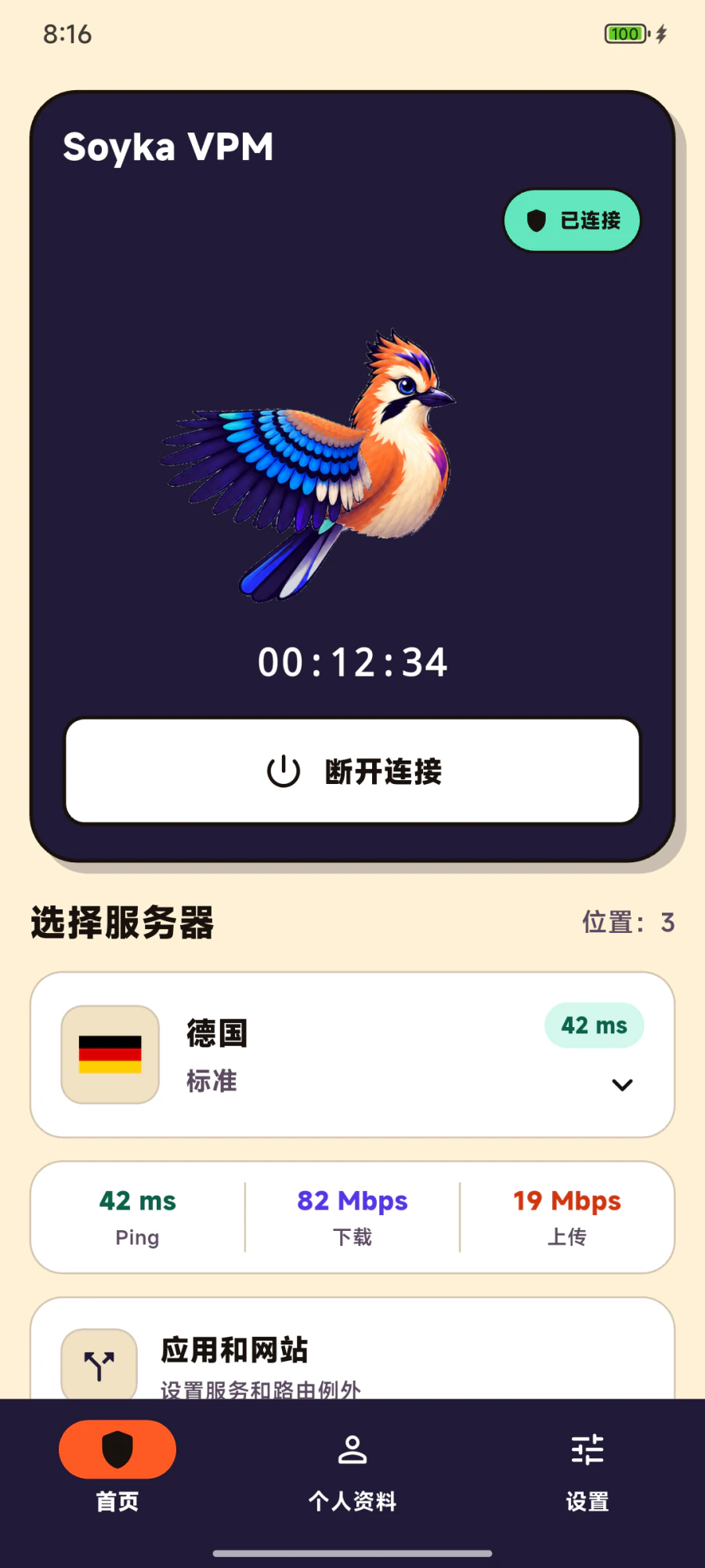 显示安全连接已启用和位置选择的 Soyka VPM 移动应用主屏幕